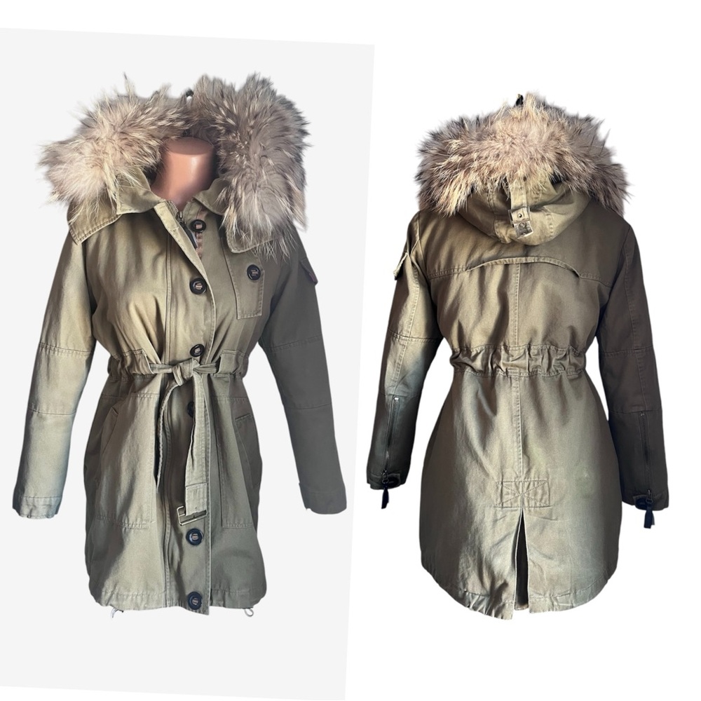 Genuine Fur Hood Women’s Olive Green Belt Trench Coat Size M/L Jacket